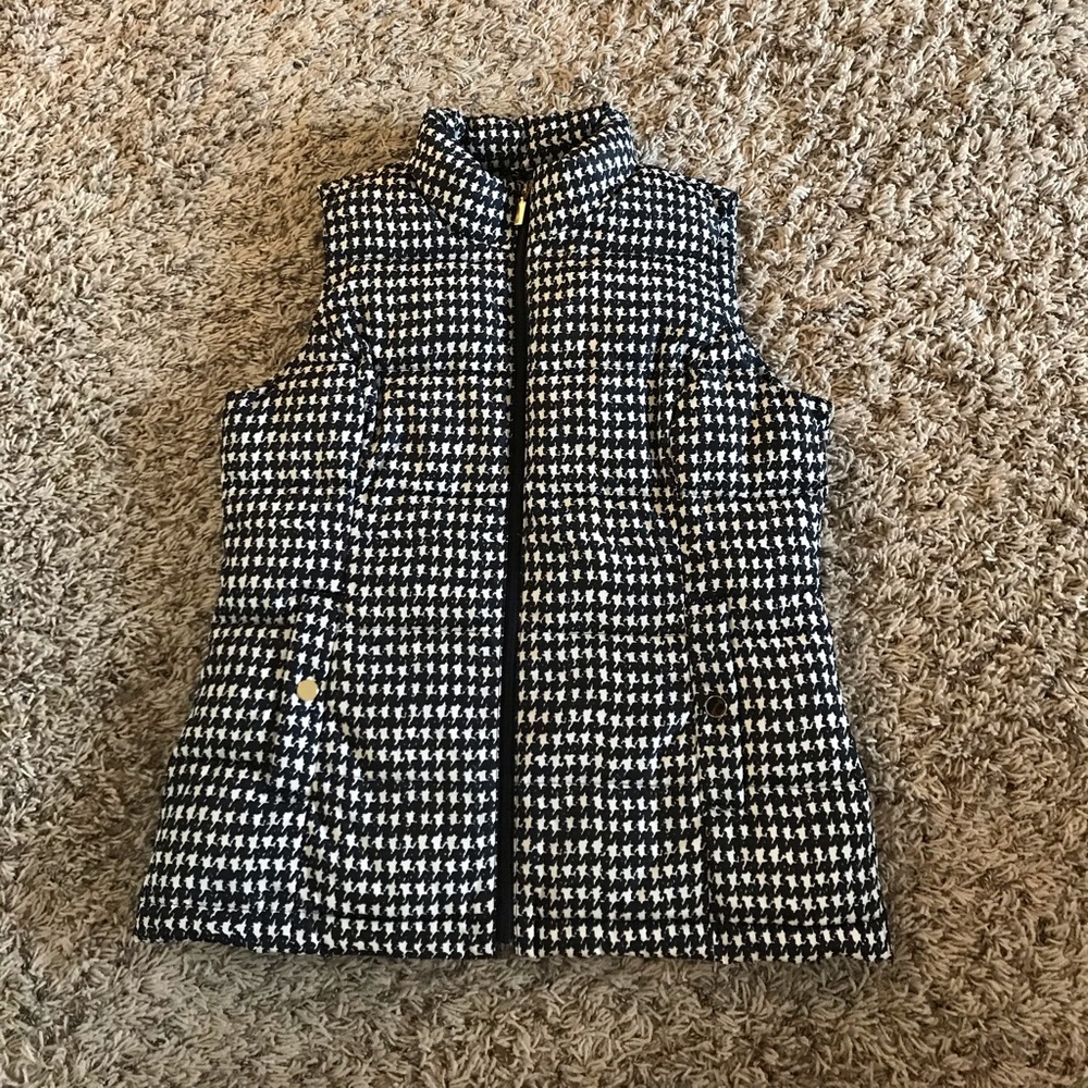 houndstooth puffer vest with gold embellishments